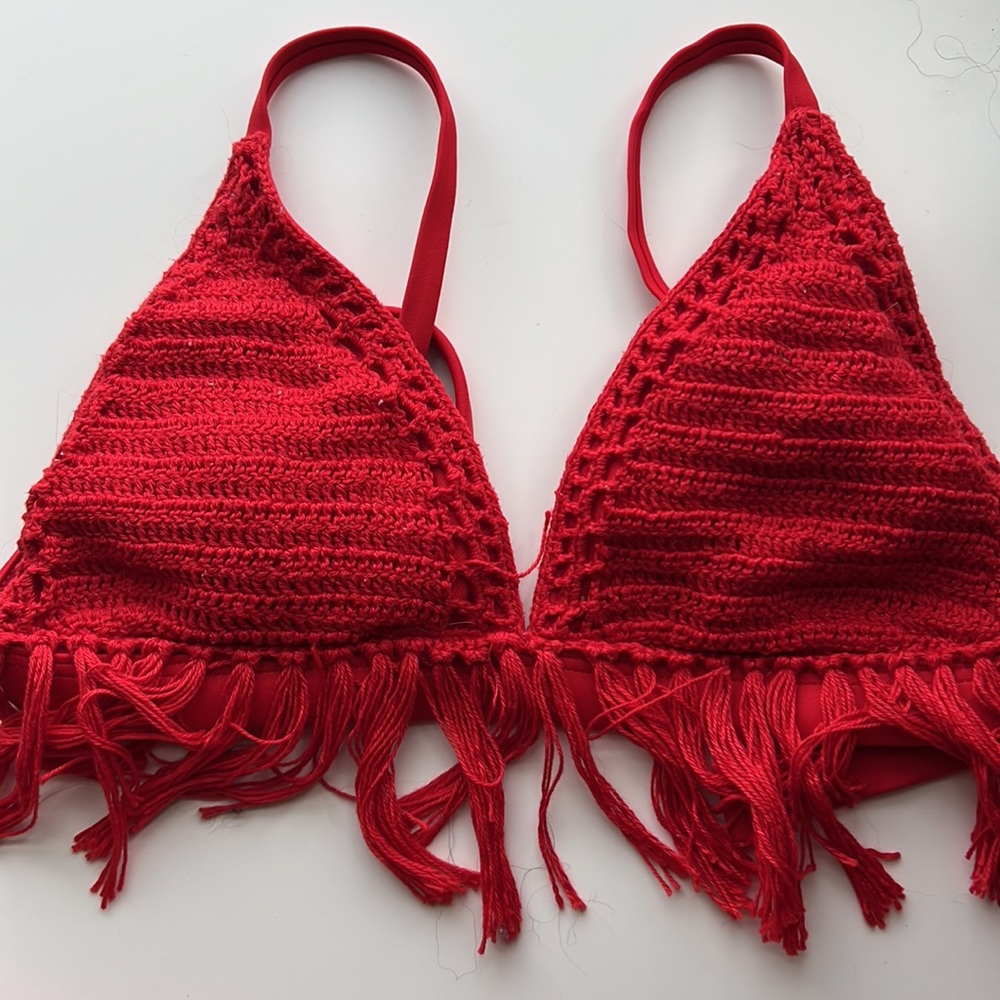 Red crotchet/fringe, Coral floral and Black lace bikini tops size XS